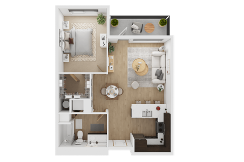 Floor plan for 1 bed, 1 bath, 658 sqft